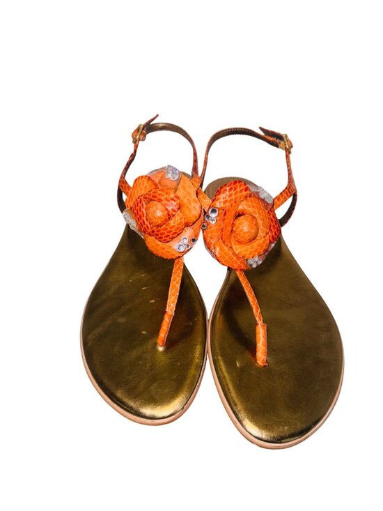 Vince Camuto Shoes - Vince Camuto Orange Snake-Embossed Flat Sandal Women 9 Gold Leather Flower Accen